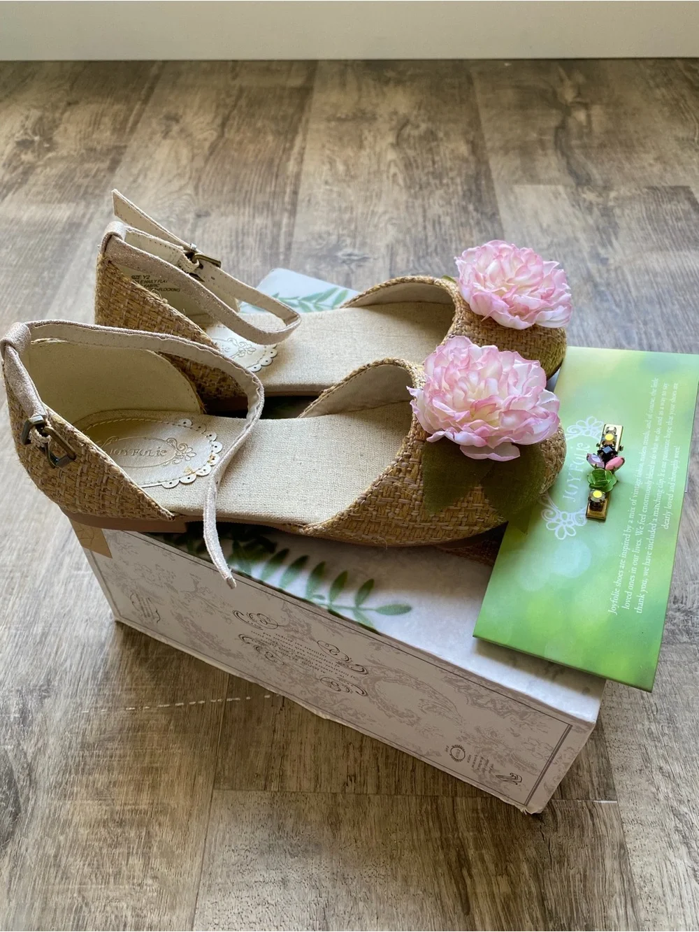 Joyfolie Girls Beige Woven Espadrille Wedges with Pink Floral Pom
